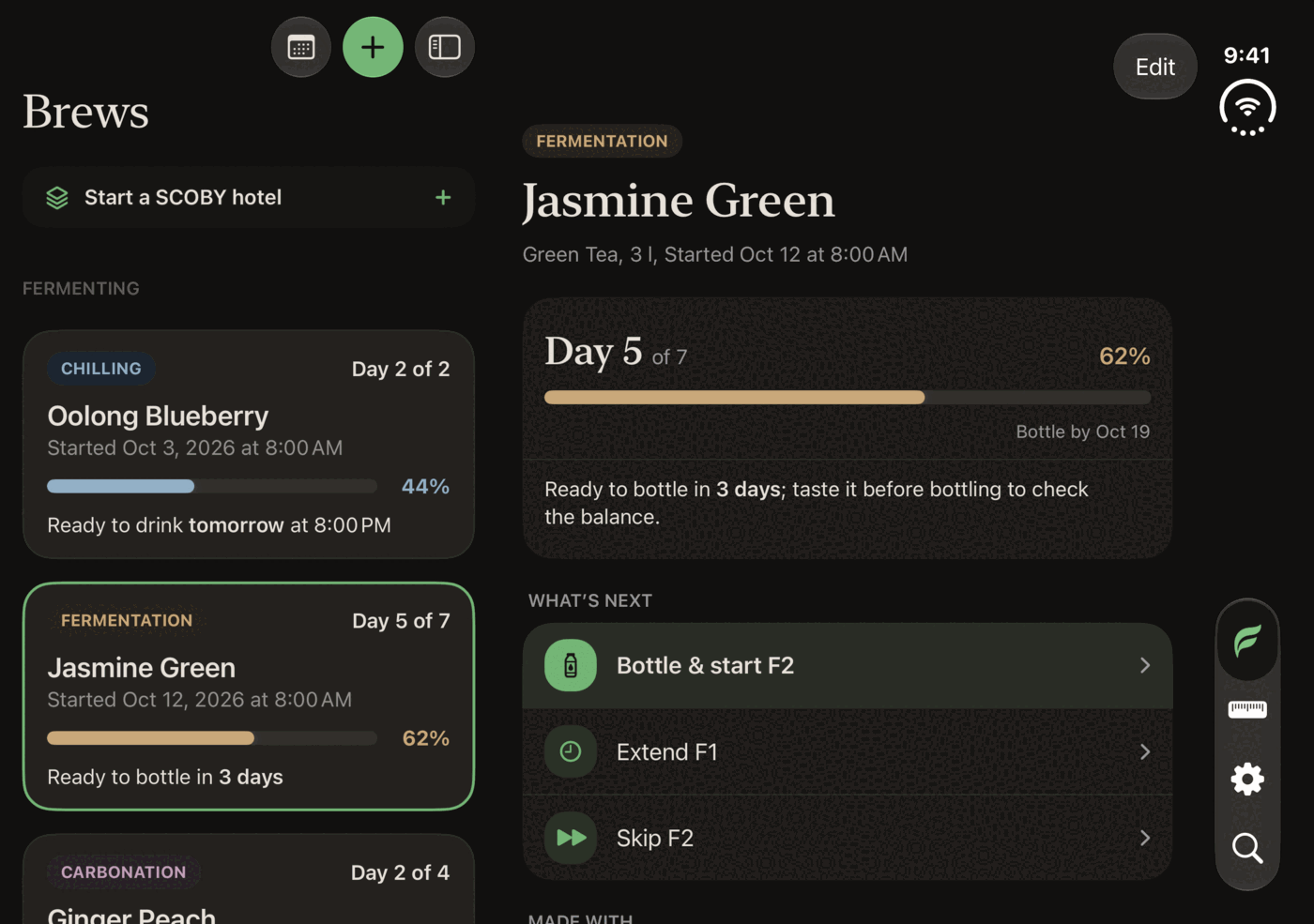 Fermenta on an open iPhone Duo: the batch list beside Jasmine Green, with the tab bar on the side.