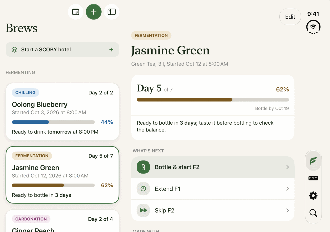 Fermenta on an open iPhone Duo: the batch list beside Jasmine Green, with the tab bar on the side.