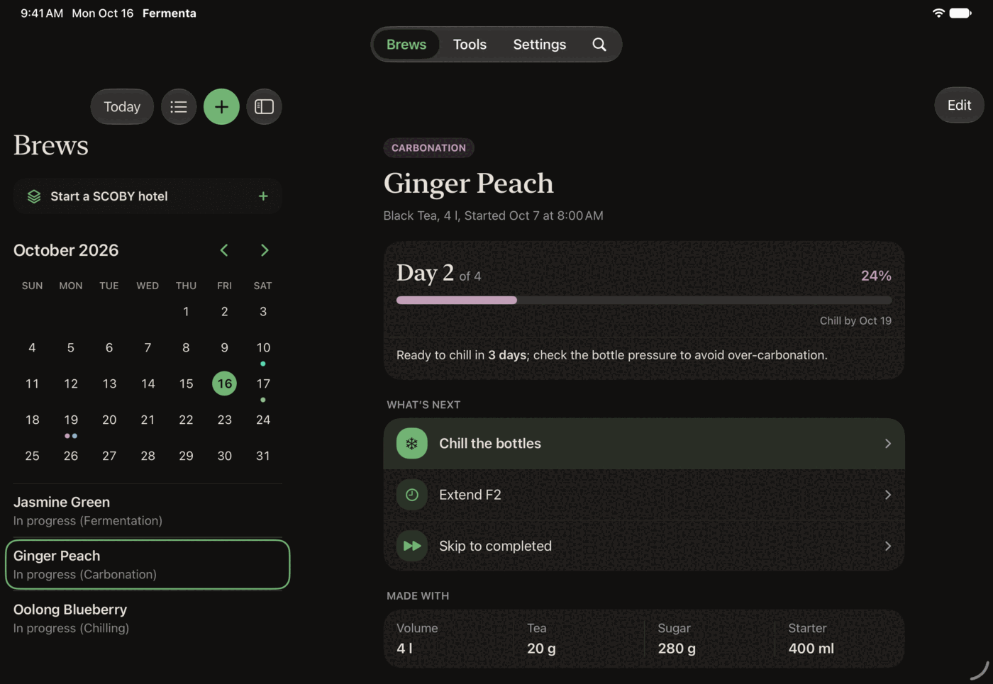 The Fermenta calendar on iPad beside Ginger Peach, on day 2 of 4 of carbonation.