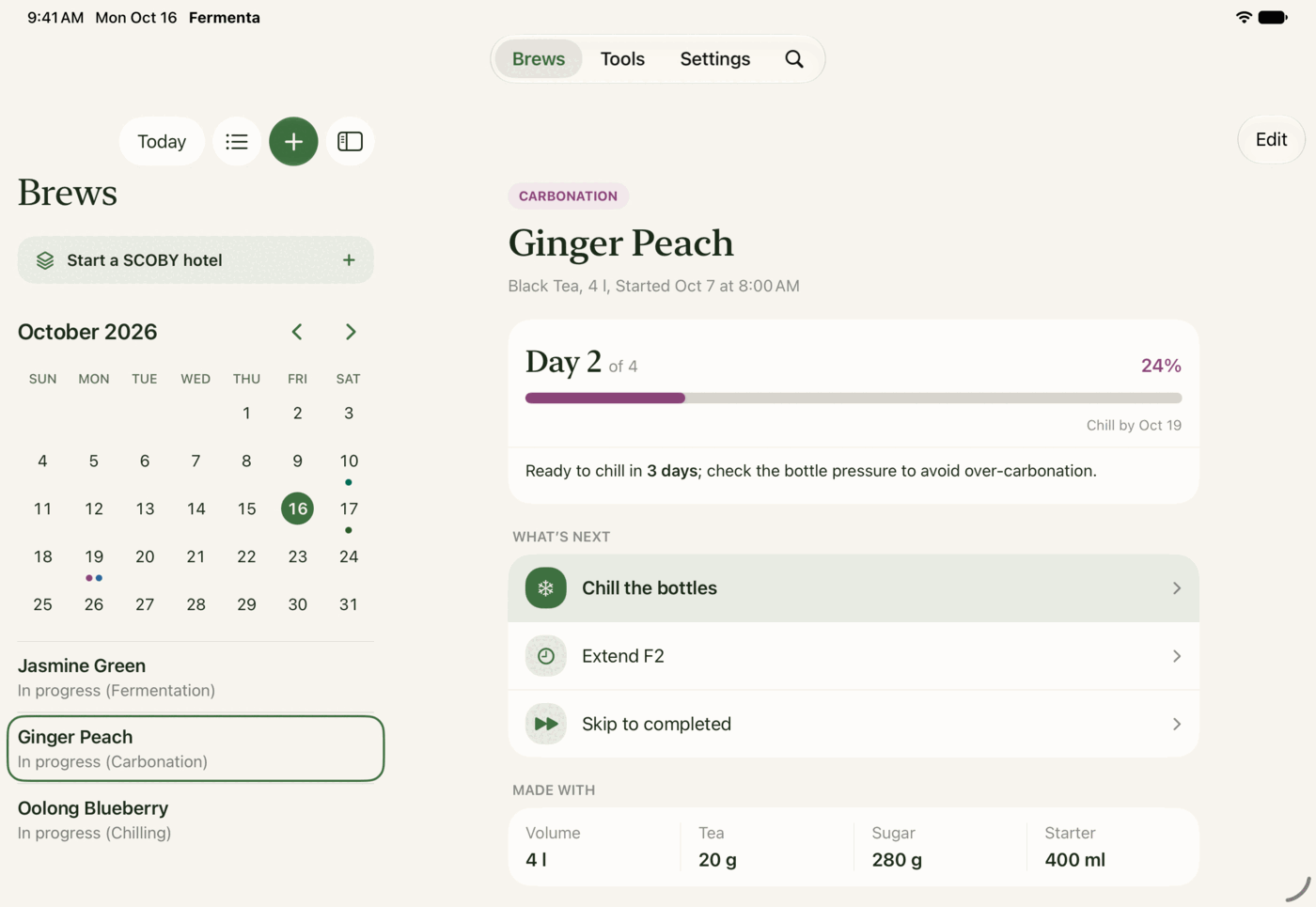 The Fermenta calendar on iPad beside Ginger Peach, on day 2 of 4 of carbonation.