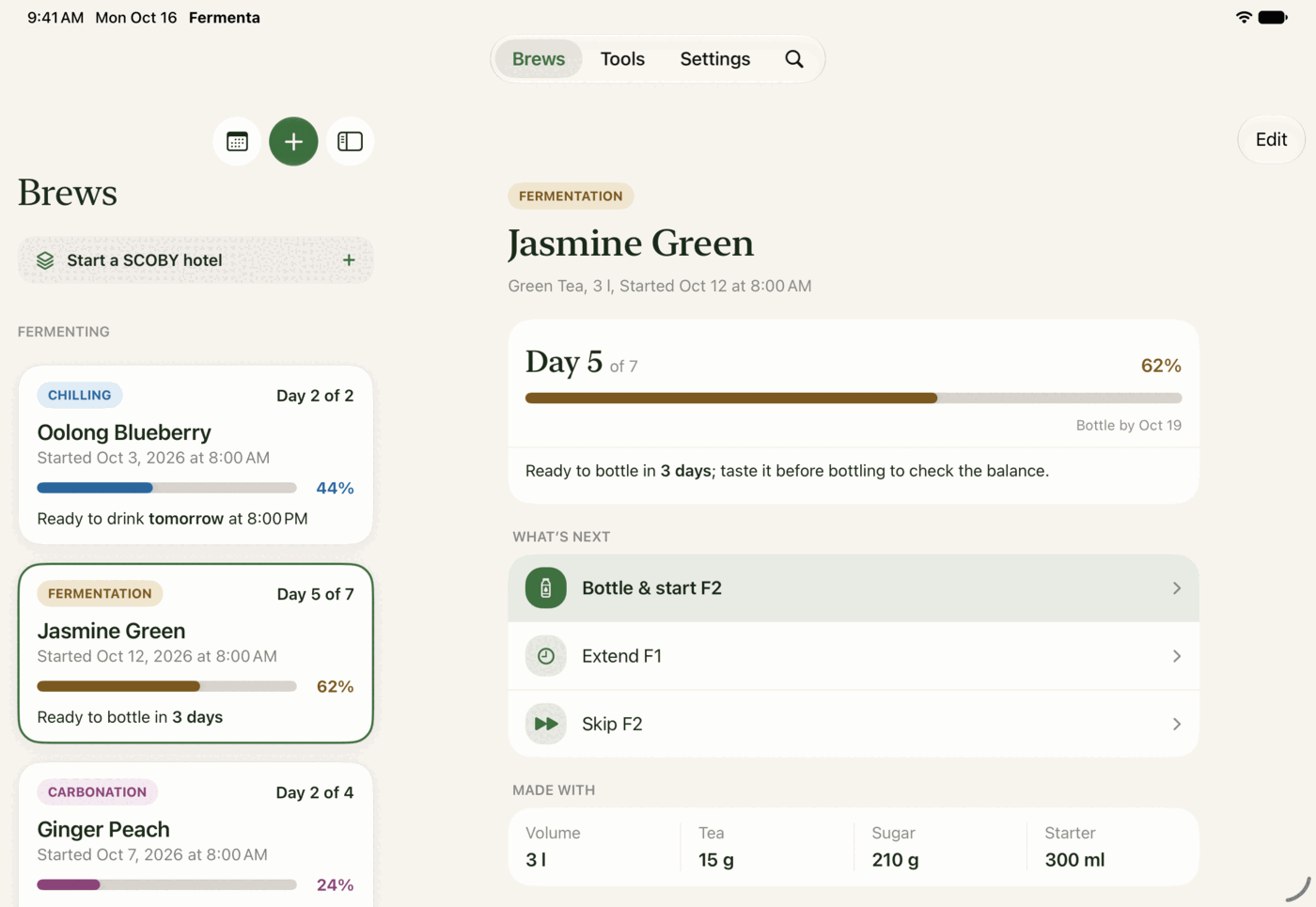 Fermenta on iPad: the batch list beside Jasmine Green, on day 5 of 7, with Bottle & start F2 as the next step.