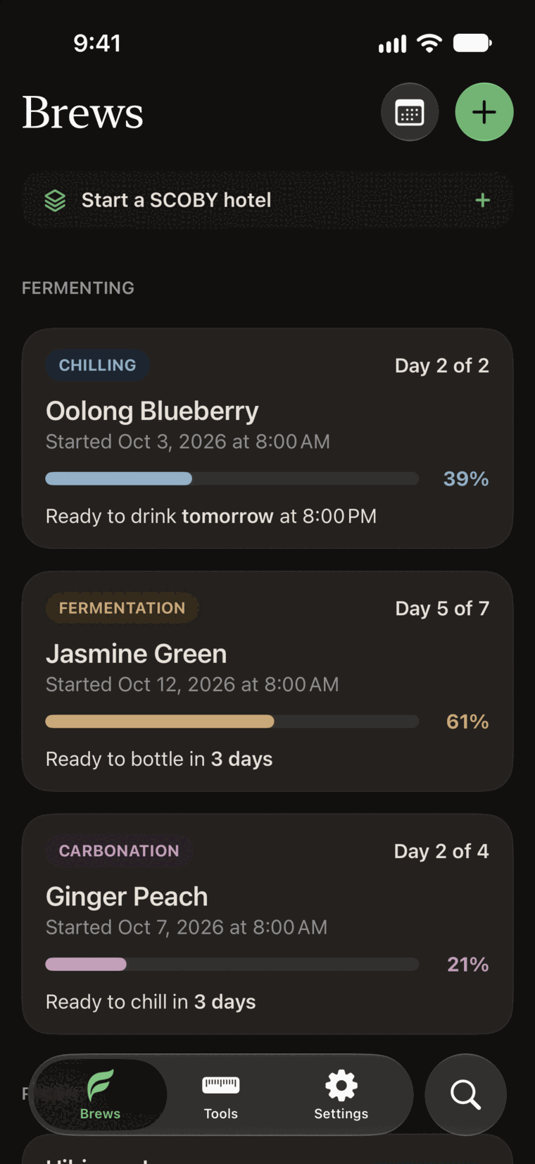 The Brews tab on iPhone with three batches: one chilling, one in first fermentation, and one carbonating.