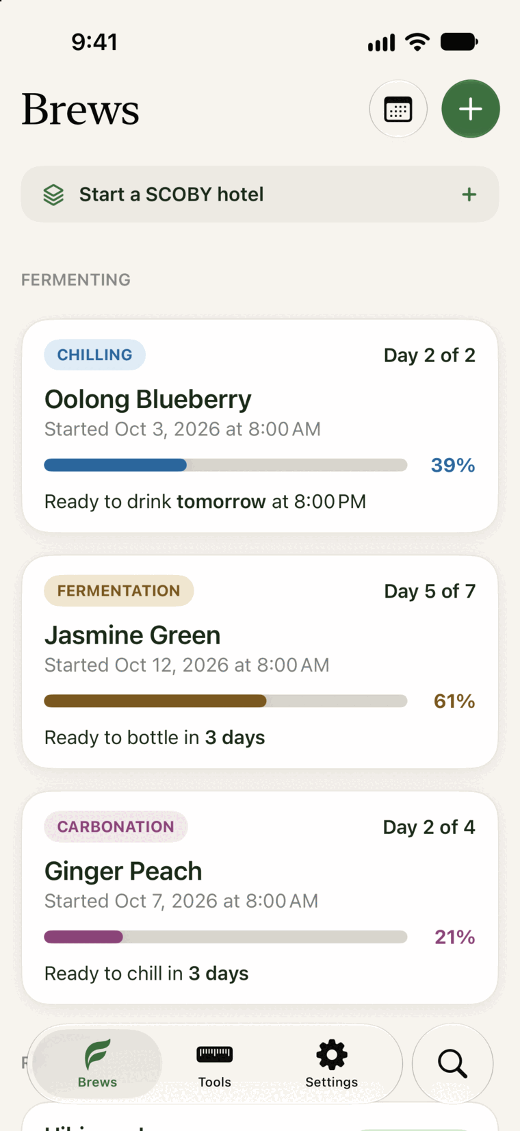 The Brews tab on iPhone with three batches: one chilling, one in first fermentation, and one carbonating.