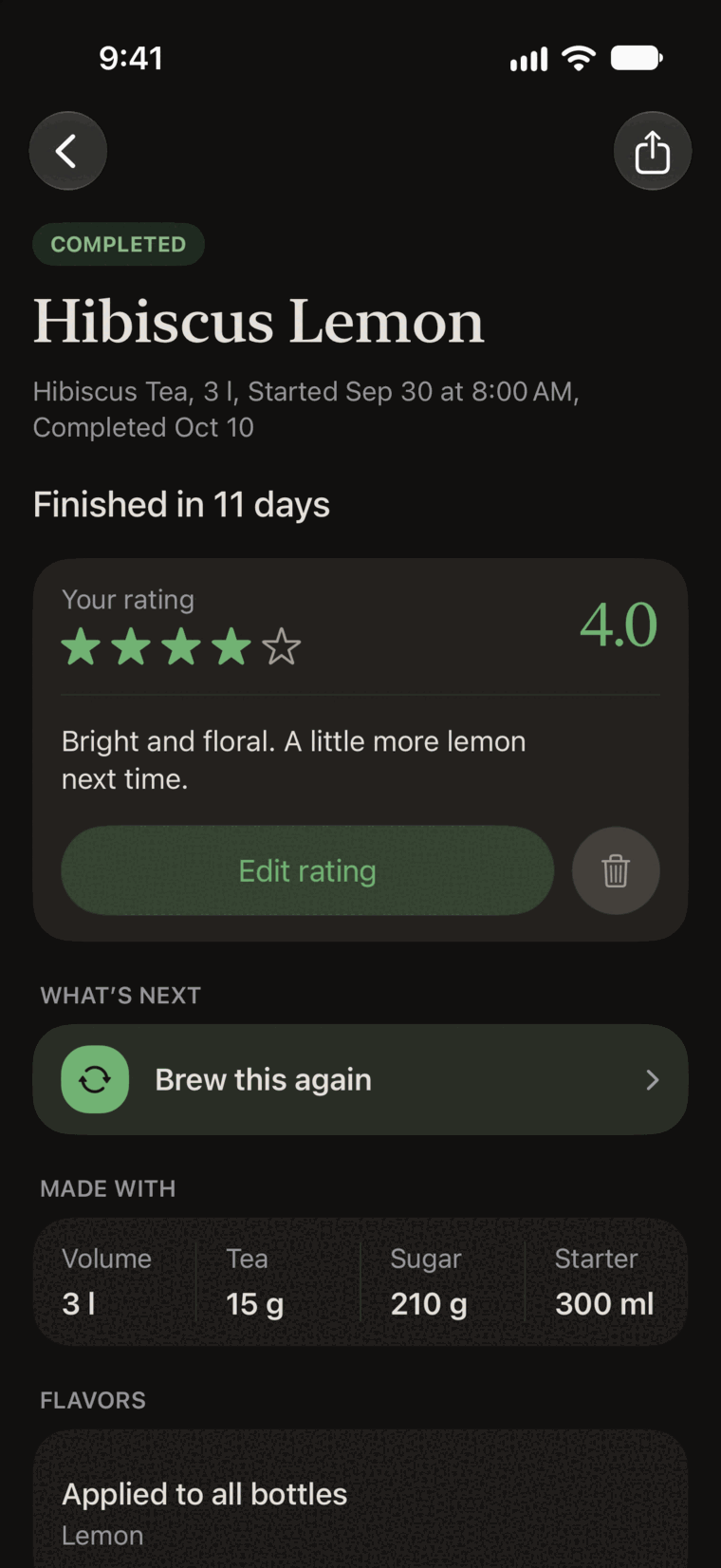 Hibiscus Lemon, finished in 11 days and rated 4 out of 5, with Brew this again as the next step.