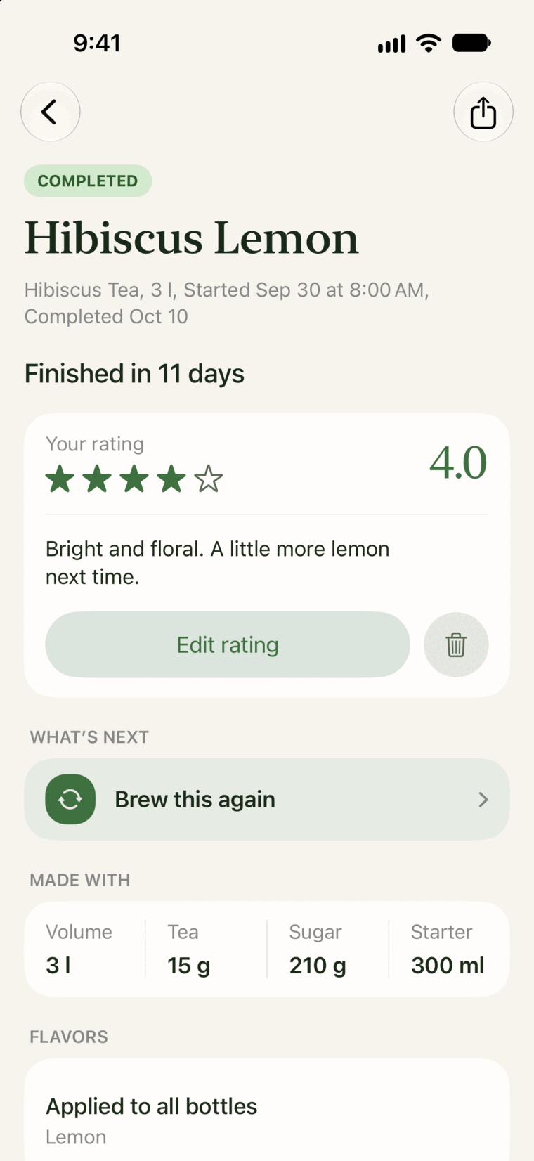 Hibiscus Lemon, finished in 11 days and rated 4 out of 5, with Brew this again as the next step.