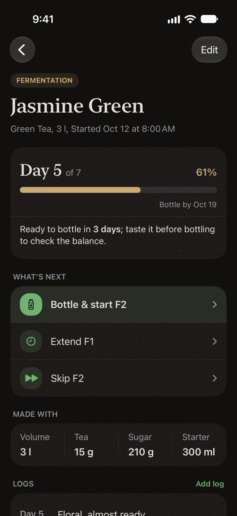 Jasmine Green on iPhone: day 5 of 7, ready to bottle in 3 days.