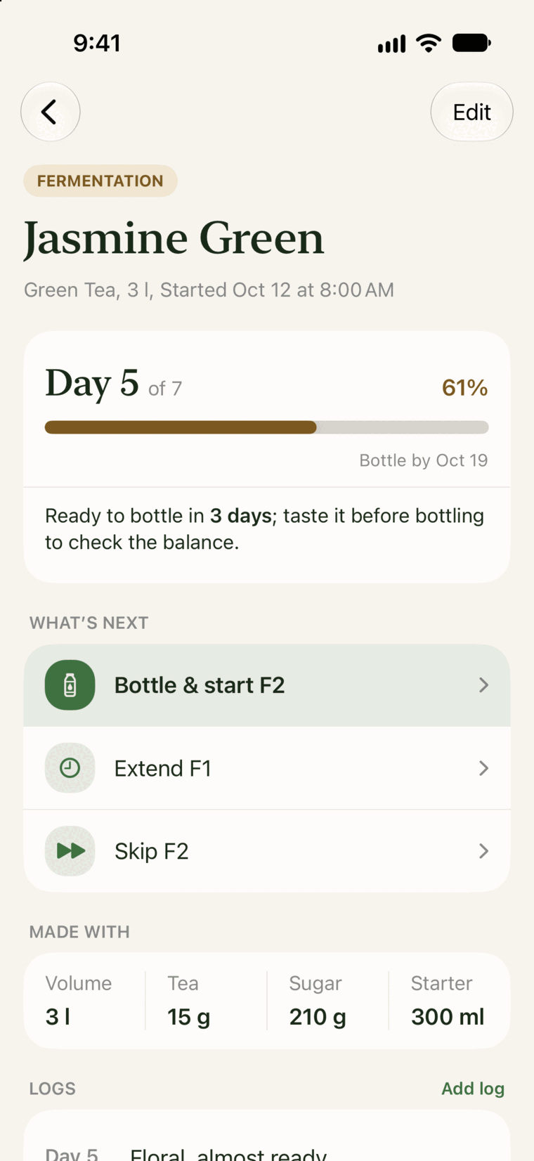Jasmine Green on iPhone: day 5 of 7, ready to bottle in 3 days.