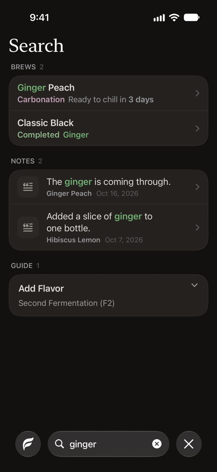 Search results for ginger: two batches and two log notes with the word highlighted.