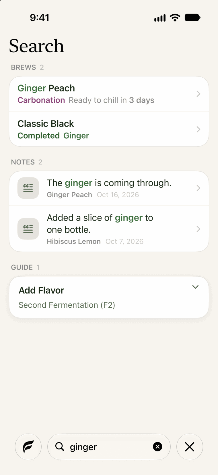 Search results for ginger: two batches and two log notes with the word highlighted.