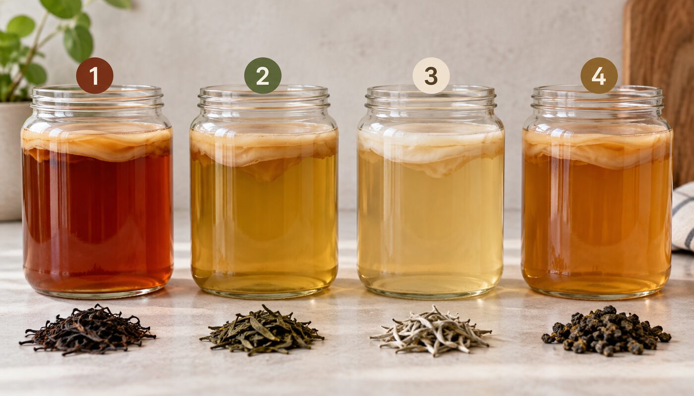 Four jars of kombucha made from black, green, white and oolong tea, ranging from deep amber to pale gold.