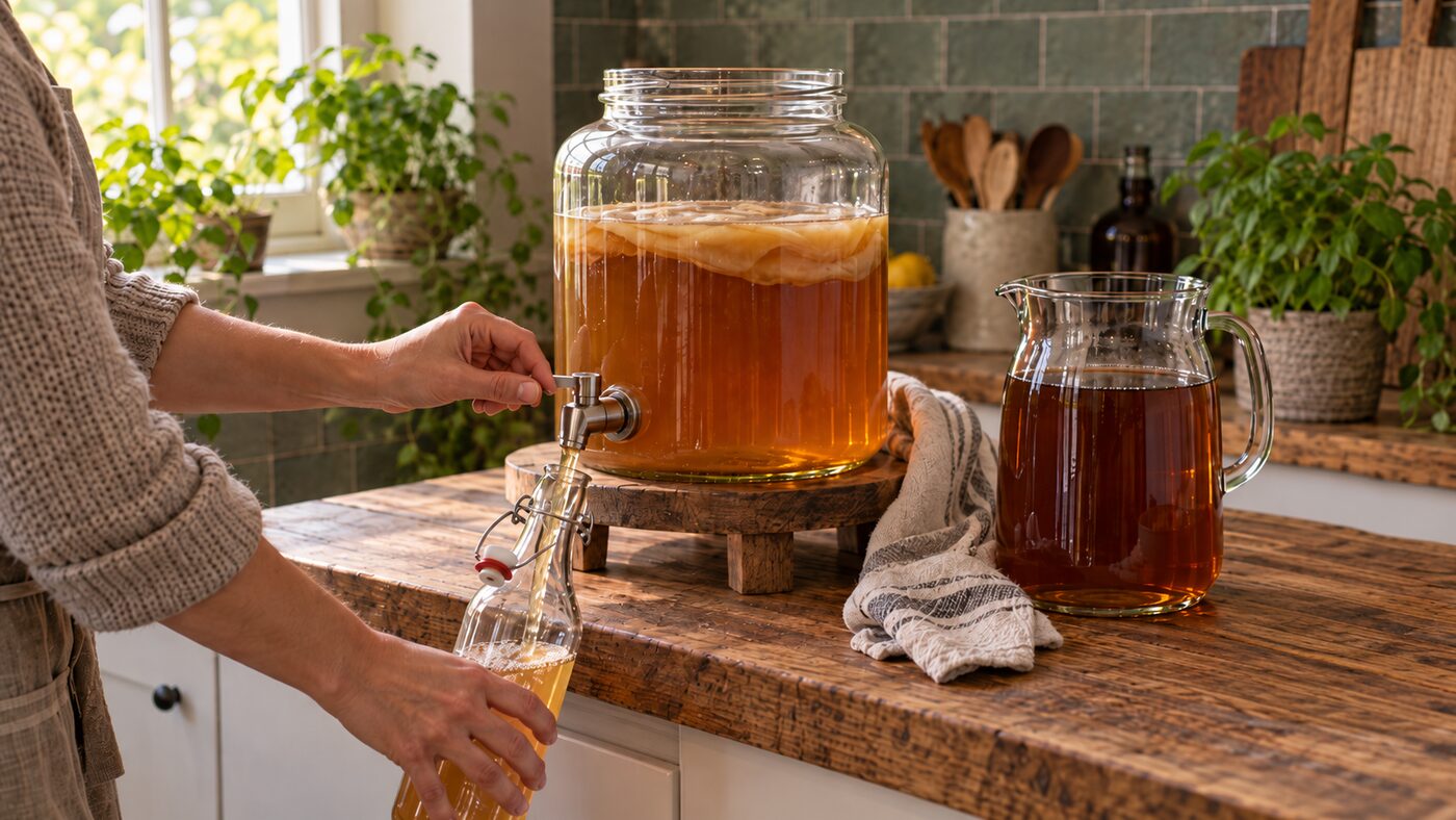 Drawing kombucha from a spigot vessel into a bottle, with a jug of sweet tea ready to top it up.