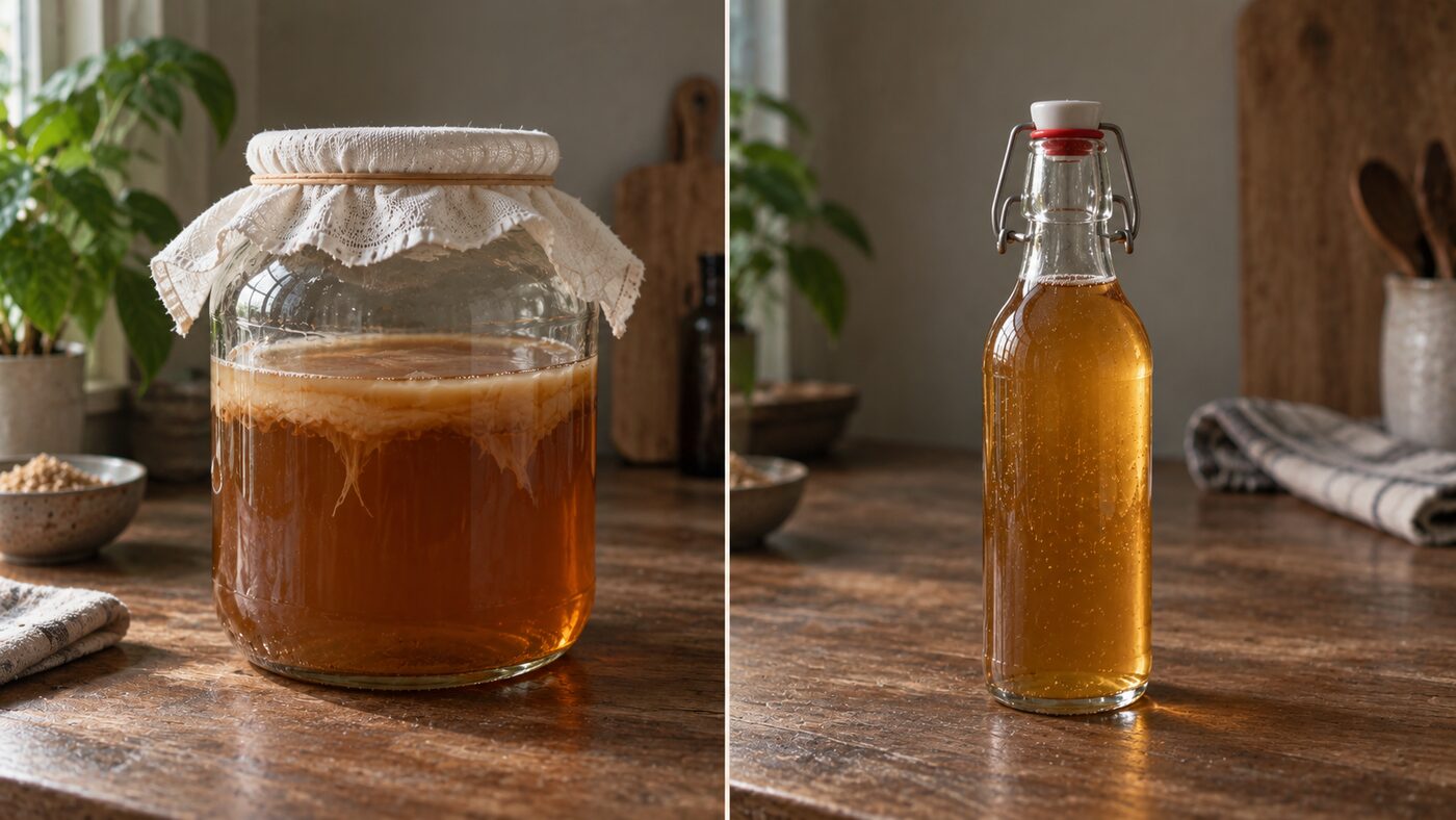 An open kombucha jar with a cloth cover next to a sealed swing-top bottle.