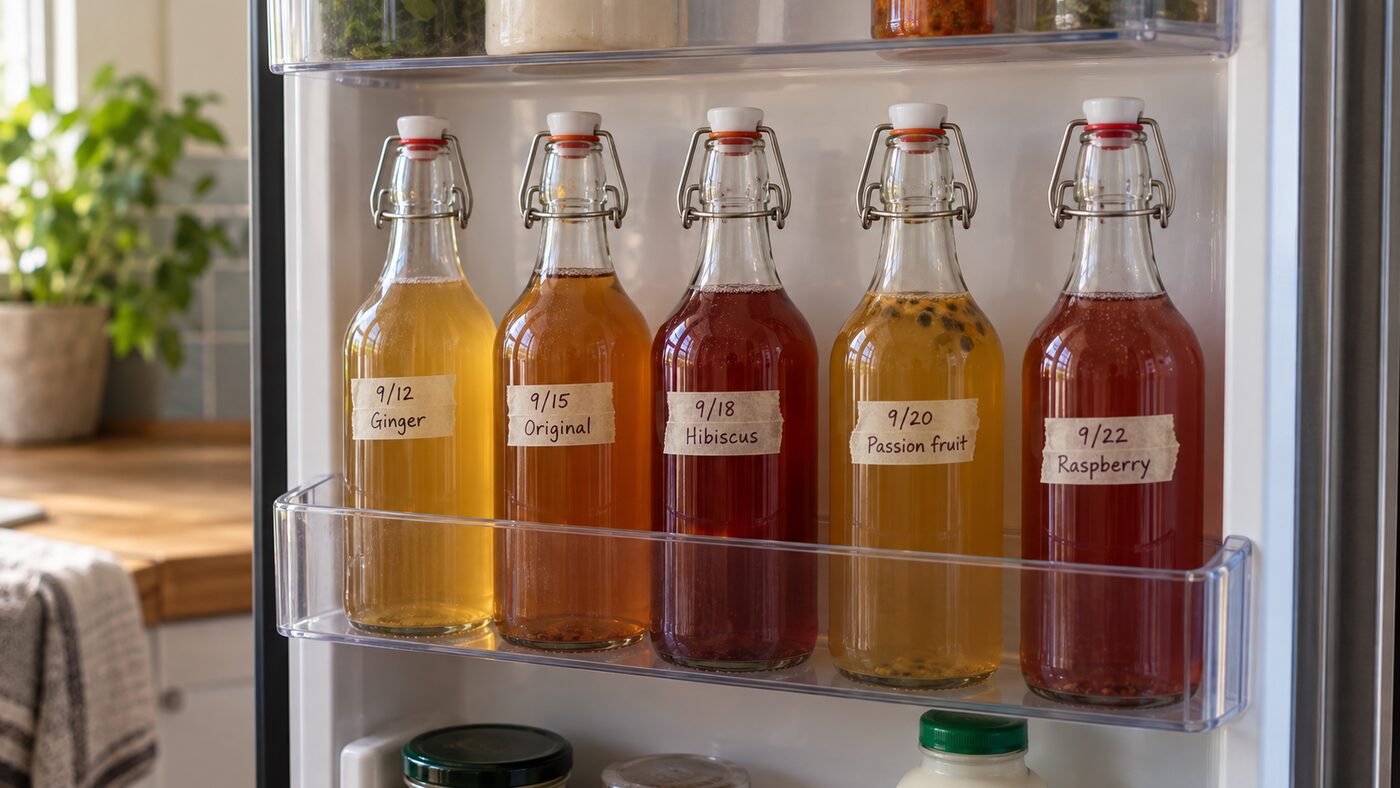 Kombucha bottles stored upright in the fridge door, each labelled with its bottling date and flavor.
