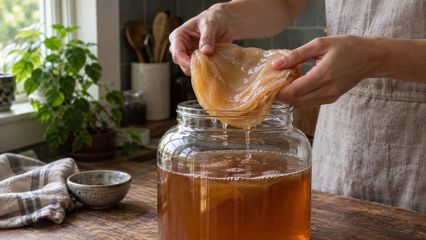 Mani che sollevano uno SCOBY da un barattolo di kombucha finito, con un panno piegato e una piccola ciotola accanto sul piano di lavoro.