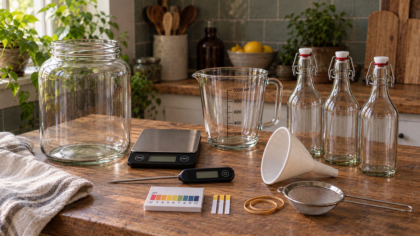 A complete kombucha equipment kit laid out: jar, cloth cover, scale, thermometer, pH strips, strainer, funnel and bottles.