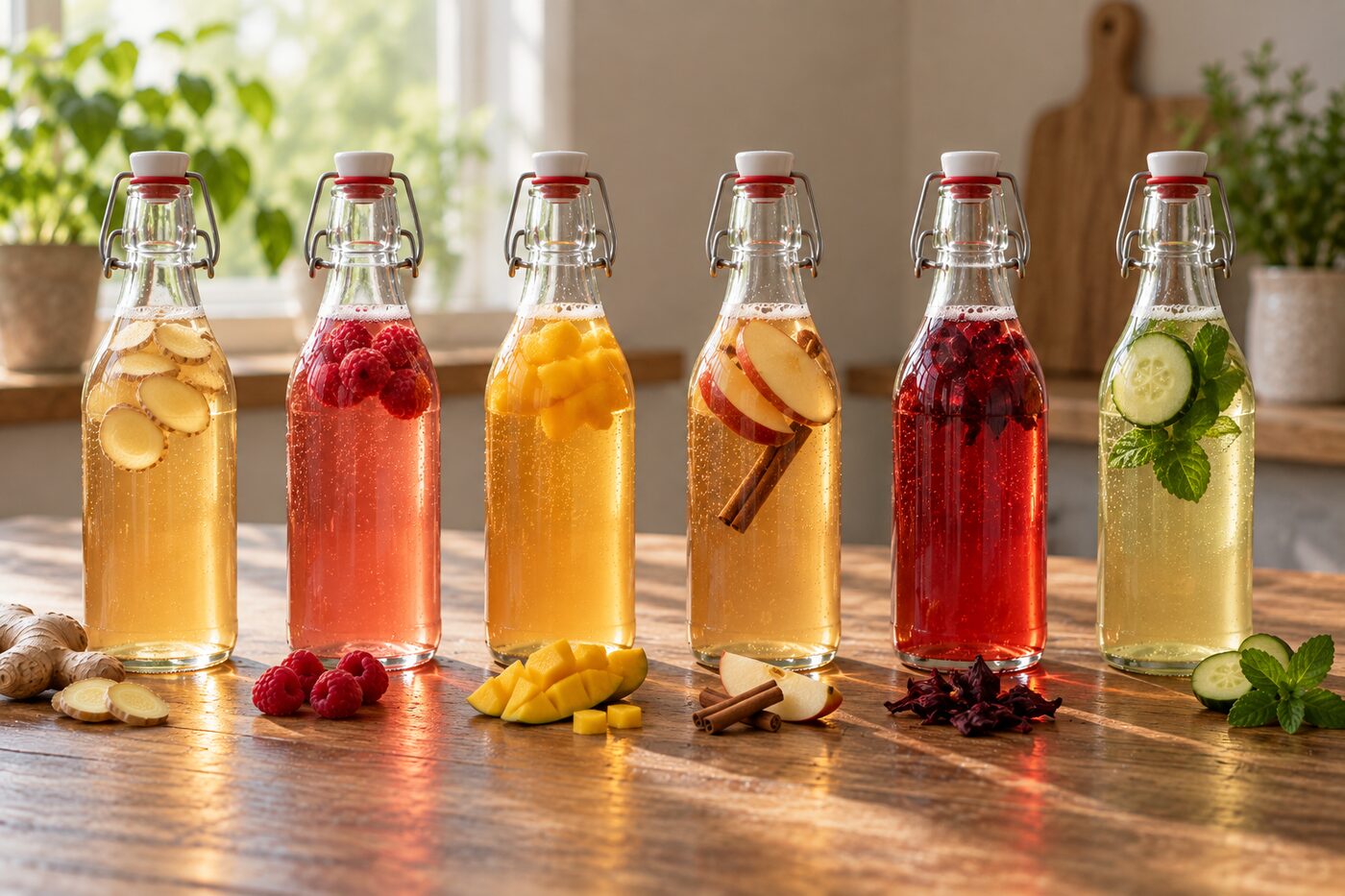 Sechs Kombucha-Flaschen, aromatisiert mit Ingwer, Himbeere, Mango, Apfel-Zimt, Hibiskus und Gurke-Minze.