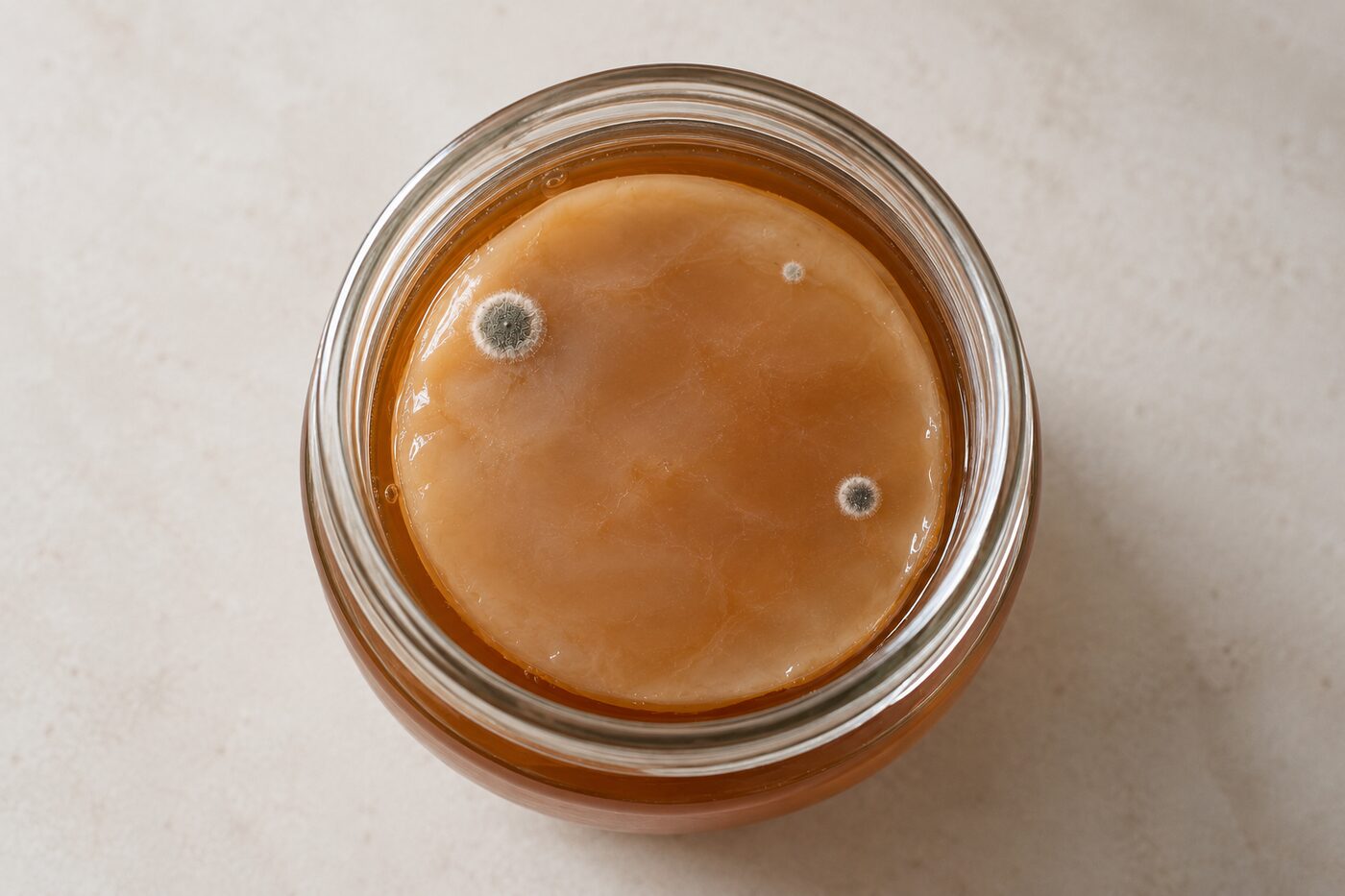 Two small, fuzzy grey mold spots growing on top of a kombucha pellicle.