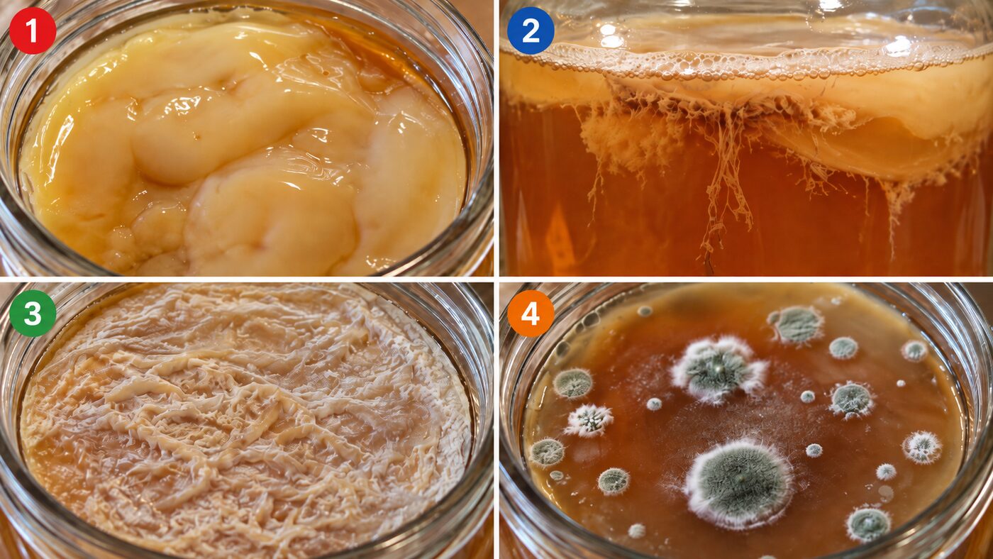 Side-by-side comparison of a healthy kombucha pellicle, brown yeast strands, flat white kahm yeast, and fuzzy round mold.