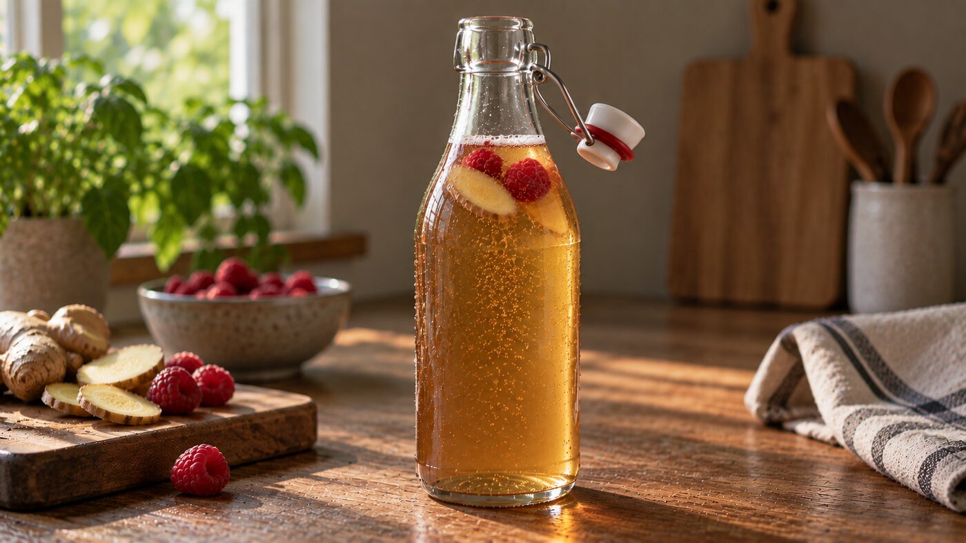 Una bottiglia con tappo meccanico di kombucha allo zenzero e lampone, con le bollicine che salgono dopo l’apertura.