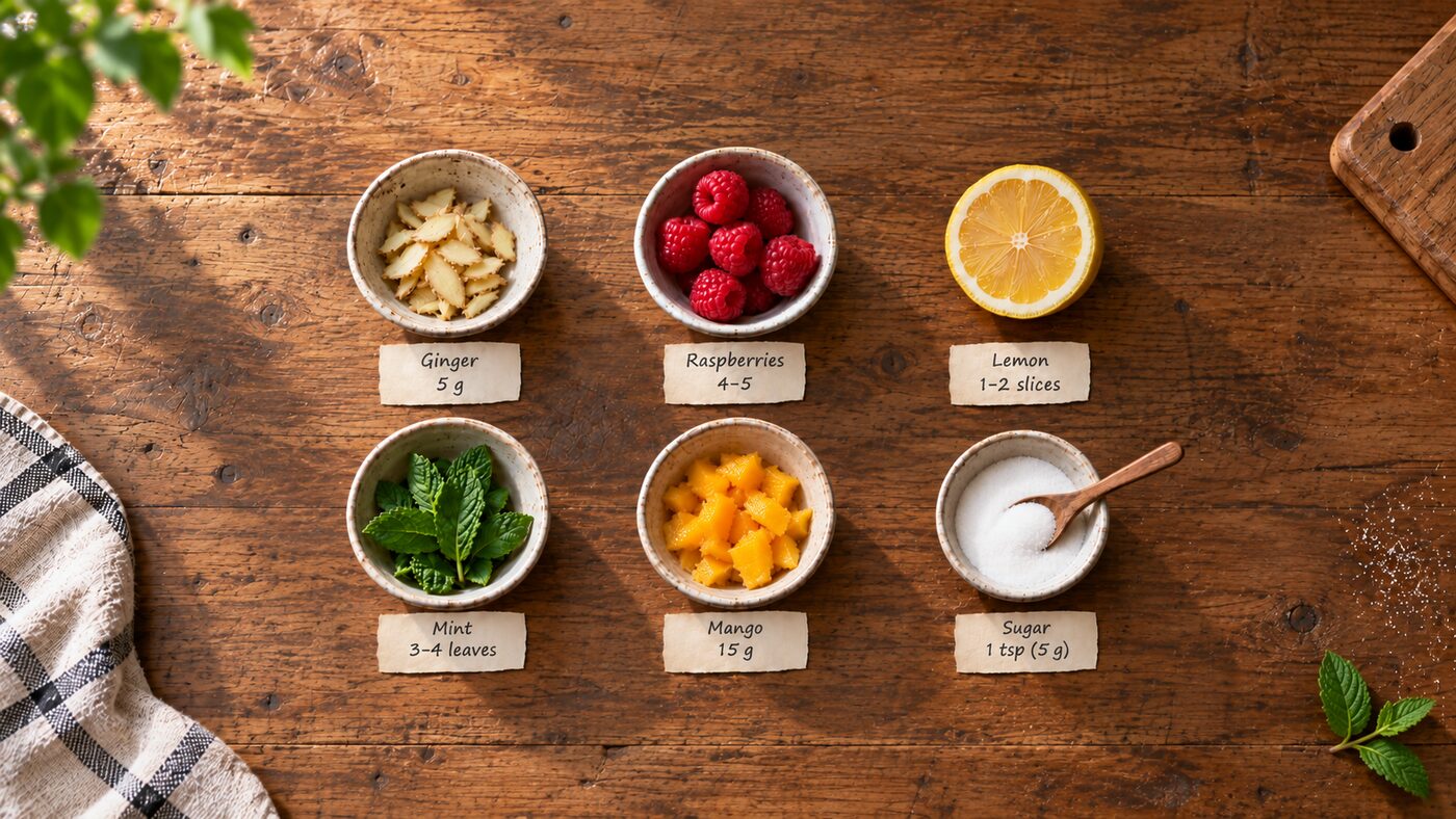 Aromi comuni per il kombucha dosati per una bottiglia: zenzero grattugiato, lamponi, limone, menta, mango e zucchero.