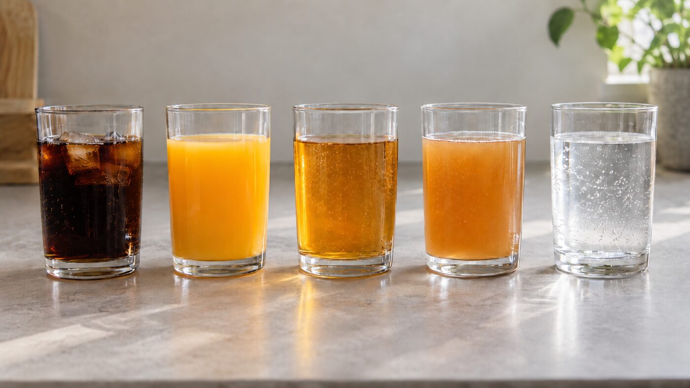 Five drinks side by side for comparison: cola, orange juice, commercial kombucha, home-brewed kombucha and sparkling water.