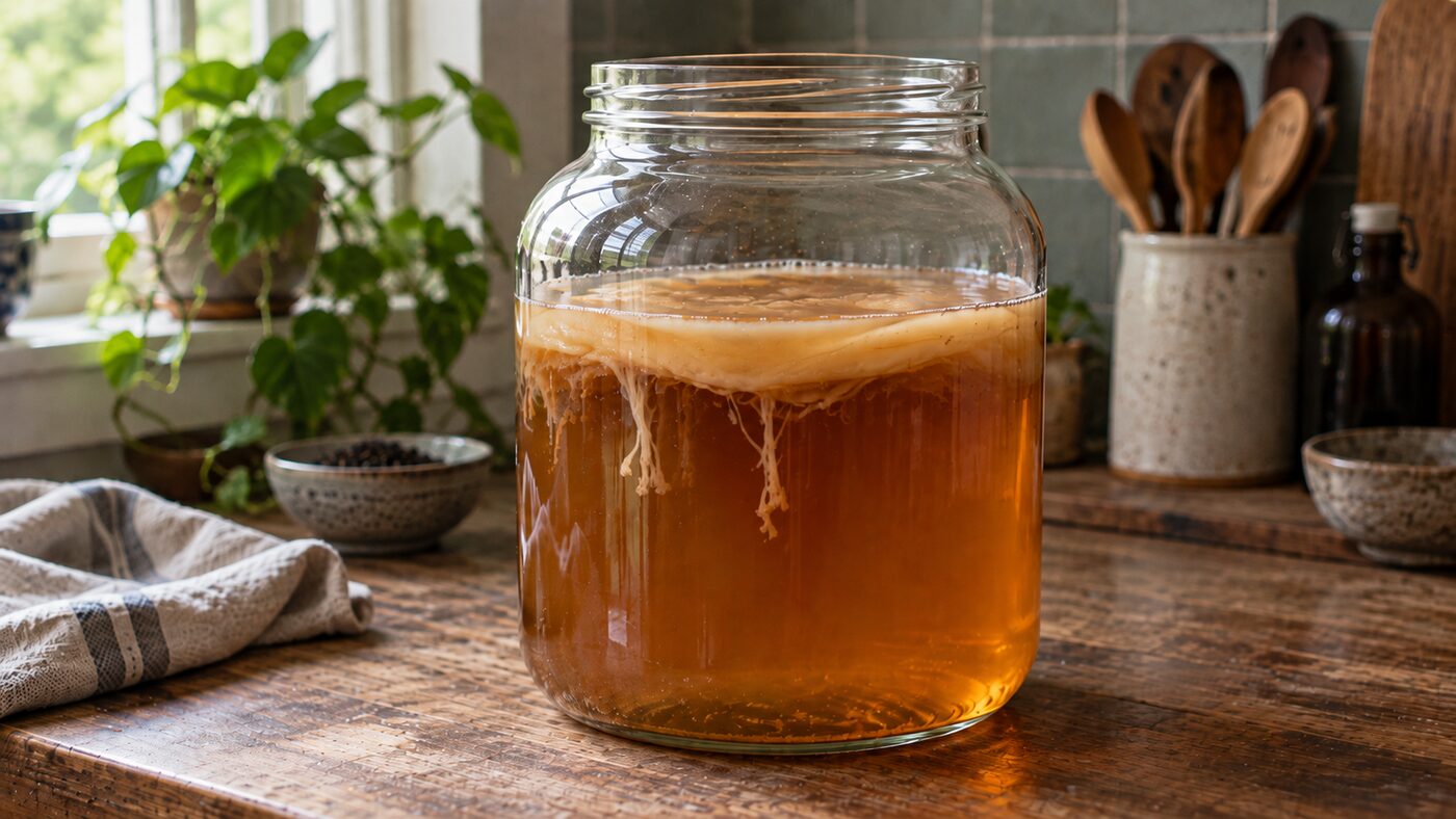 Un barattolo di kombucha con una pellicola chiara che galleggia in superficie e filamenti di lievito marroni che pendono nel liquido sottostante.