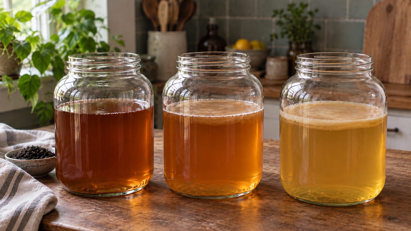 Tre barattoli di liquido di avvio in diverse fasi della crescita di un nuovo SCOBY: tè scuro senza pellicola, una pellicola sottile in superficie e un barattolo più chiaro con uno strato più spesso in formazione.