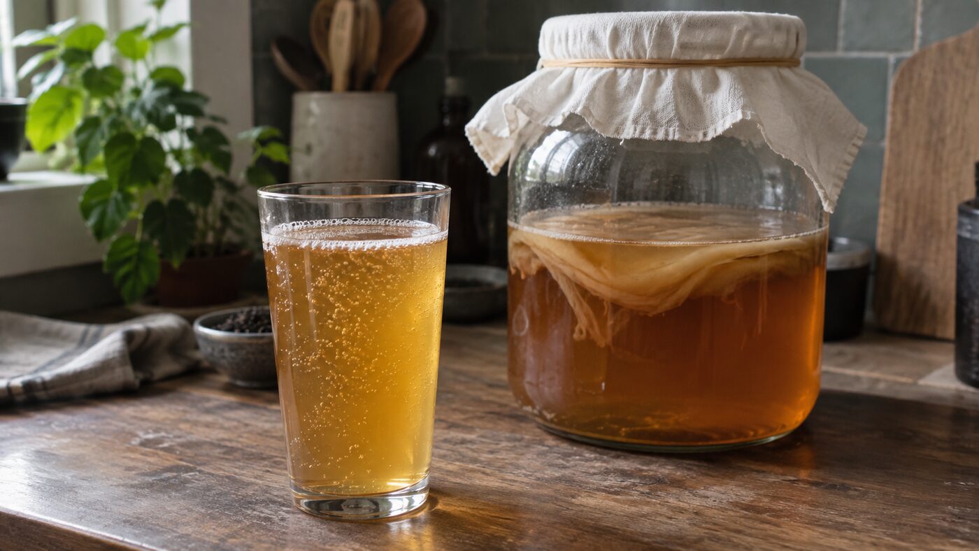 A glass of kombucha next to the brewing jar it came from, with the SCOBY visible at the surface.